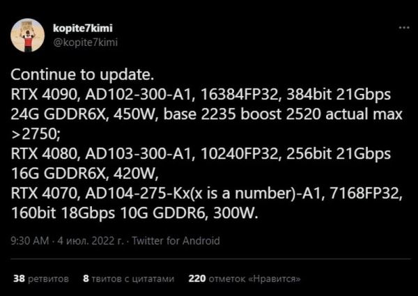 Утечка новых спецификаций видеокарт NVIDIA GeForce RTX 4090 24 ГБ, RTX 4080 16 ГБ и RTX 4070 10 ГБ